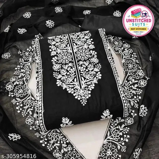 Embroidered Unstitched Suit for Women (Black & White, 2.25 m)