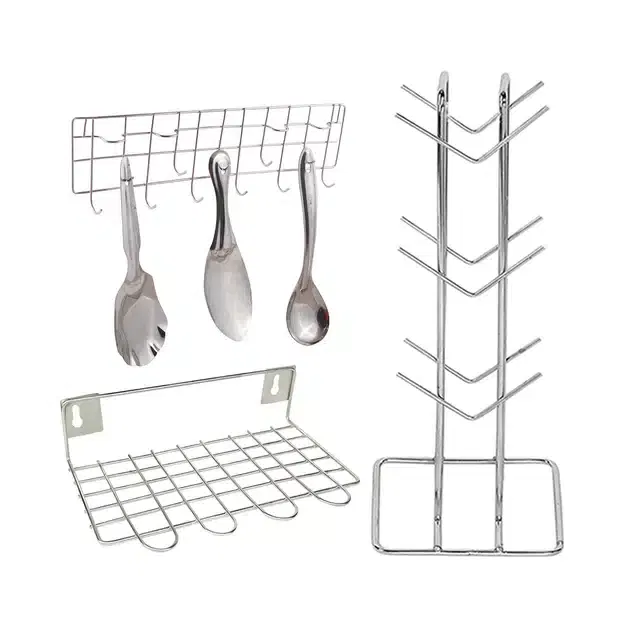 Stainless Steel Cup Stand & Wall Mounted Ladle Rail with Utensil Stand (Set of 3, Silver)