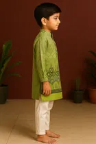 Cotton Blend Printed Kurta with Payjama for Boys, Green & White 