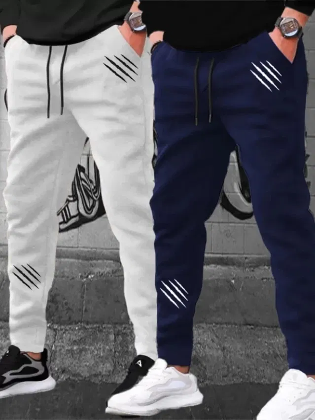 Polyblend Printed Trackpants for Men, Grey & Navy Blue, Pack of 2 (L)
