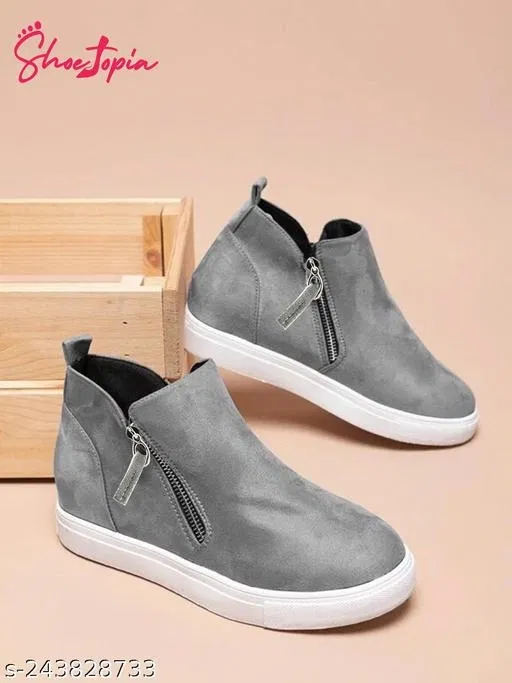 Shoetopia Solid Synthetic Comfort Heel Boots Grey (IND-6)