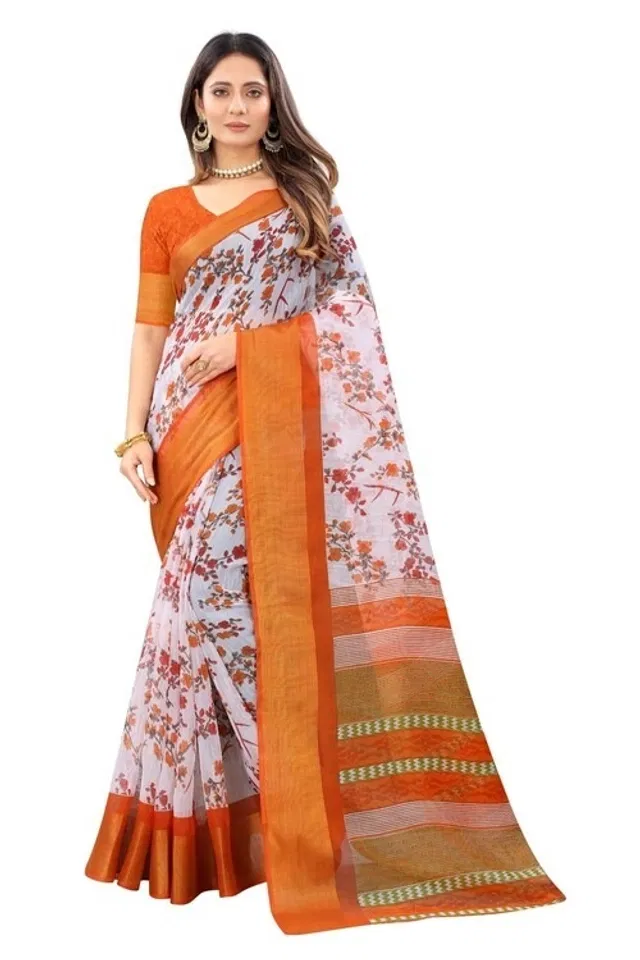 Cotton Printed Saree for Women (Orange, 6.3 m)