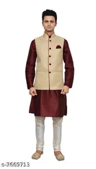 Dupion Silk Solid Kurta with Pyjama & Jacket for Men 