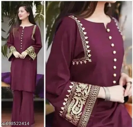Embellished Animal Print Kurta Set for Women (Red, L)