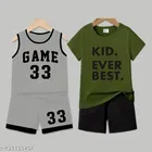 Cotton Blend Printed Clothing Set for Boys, Grey & Olive, Pack Of 2 