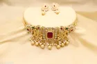 Gold Plated Kundan Choker with Earrings Set (Multicolor, Set of 1)