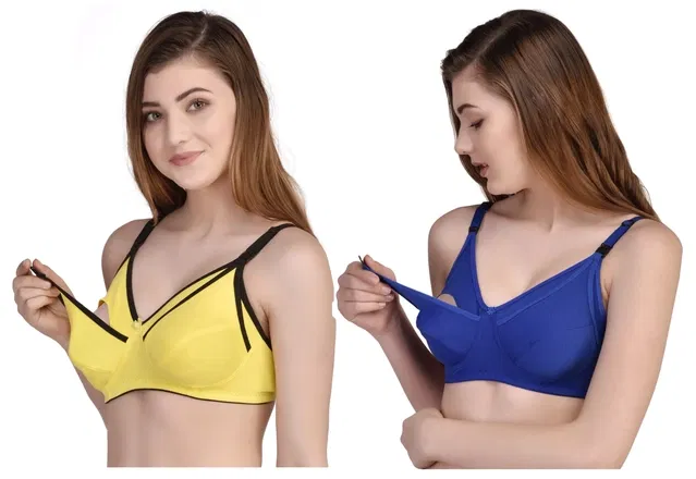 Cotton Blend Solid Non Padded Feeding Bras for Women (Multicolor, 38) (Pack of 2)