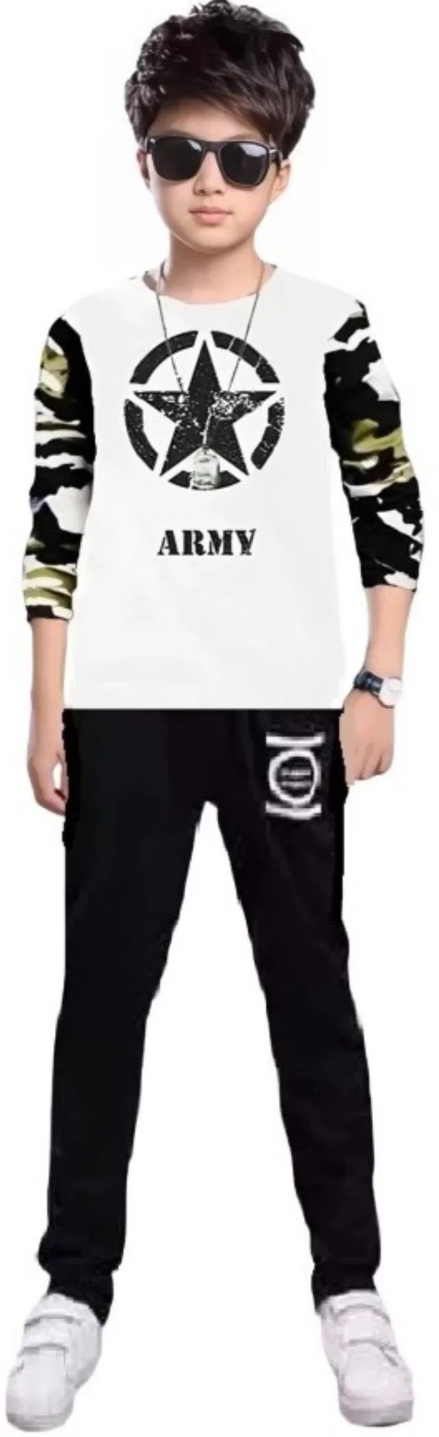 Cotton Blend Round Neck T-Shirts for Boys (White & Black, 13-14 Years)