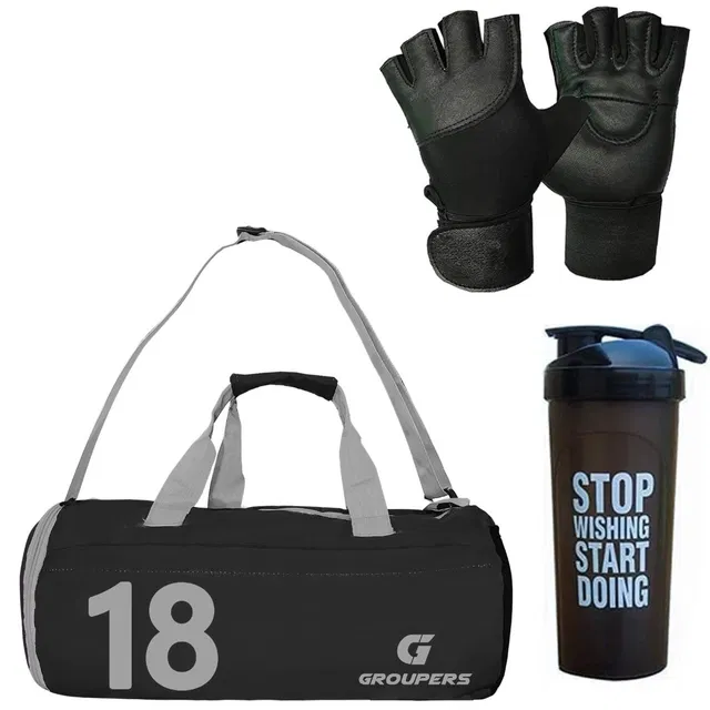 Polyester Printed Gym Bag with Gloves & Shaker Bottle (700 ml) for Men & Women (Black, Set of 1)