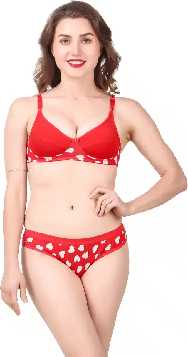 Cotton Blend Lingerie Set for Women (Red, 32)