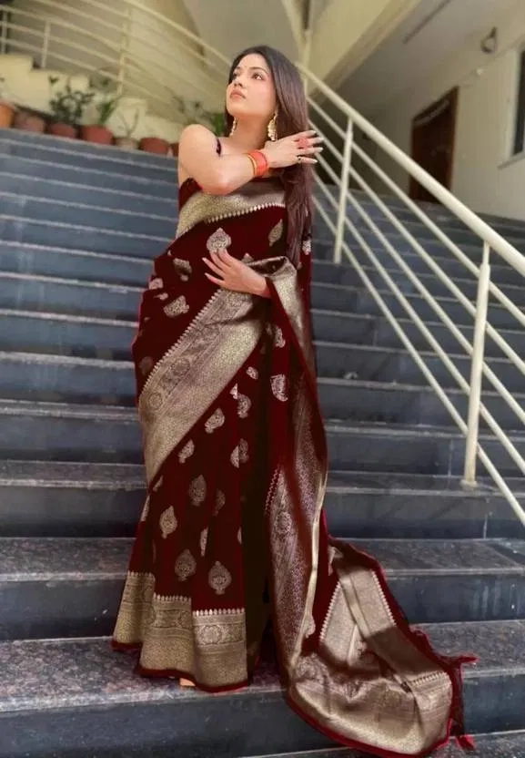 Banarasi Silk Jacquard Embroidery Saree for Women (Brown)