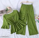 Polyester Solid Top & Bottom Set for Women, Olive 