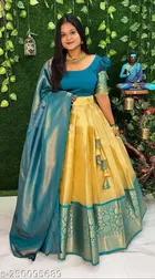 Art Silk Zari Un Stitched Lehenga with Choli & Dupatta for Women (Teal & Yellow)