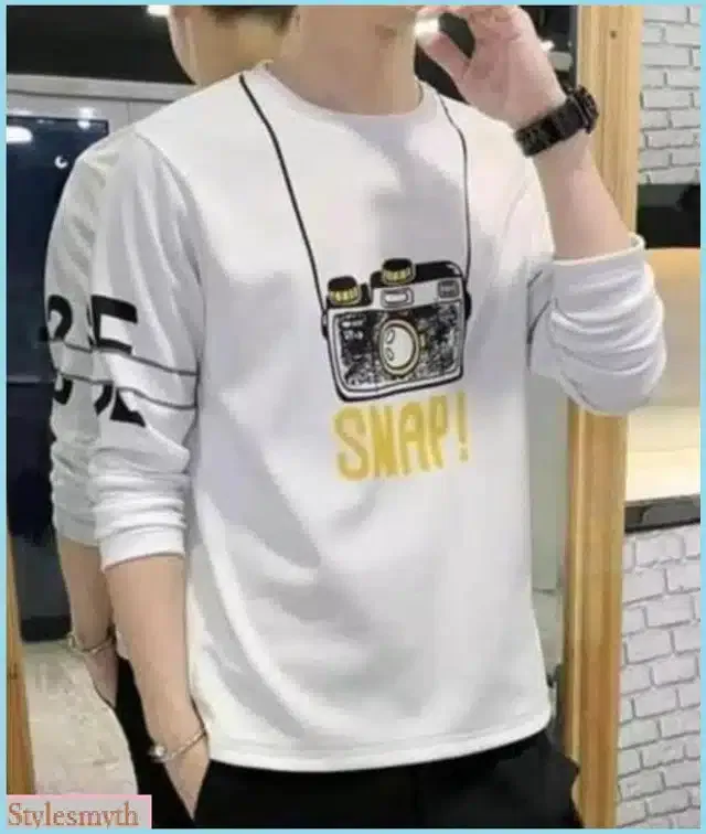 Printed Full Sleeves T-Shirt for Men (White, XL)