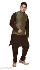 Cotton Blend Solid Kurta with Pyjama & Jacket for Men 