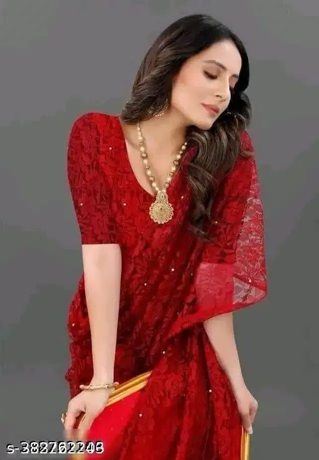 Net Saree for Women (Red, 6.3 m)