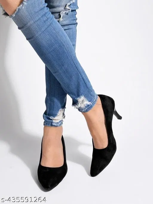 Shoetopia Suede Pointed Toe Block Heels for Kids (Black, 12-13 Years)
