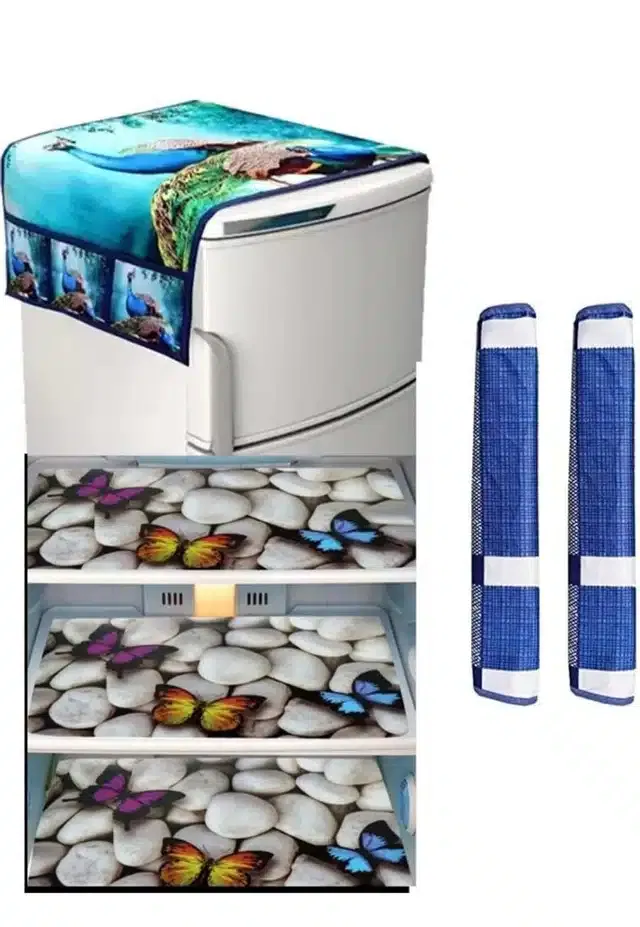 Knit Printed Fridge 3 Pcs Mat with 2 Pcs Handle & Top Cover (Multicolor, Set of 1)