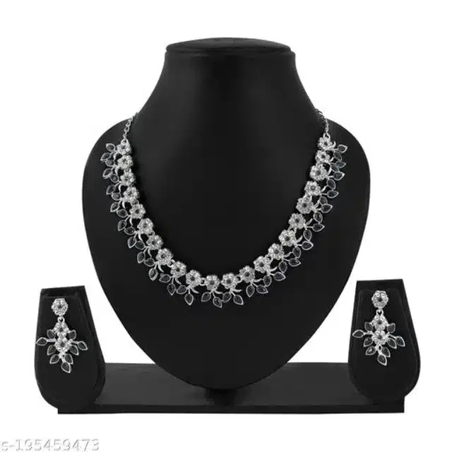 Alloy Necklace with Earrings for Women (Black & Silver, Set of 1)