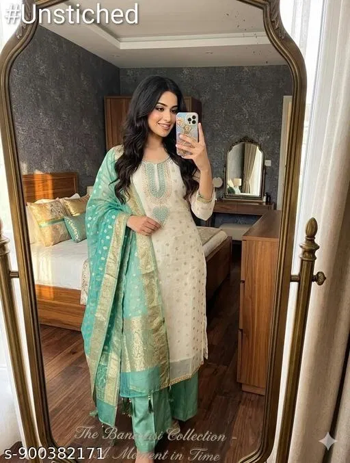 Silk Blend Embroidered Punjabi/All Over Suits for Women (6.65 meter (XXL)