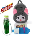 Combo of Fabric School Bag, Water Bottle with Lunch Box for Kids 