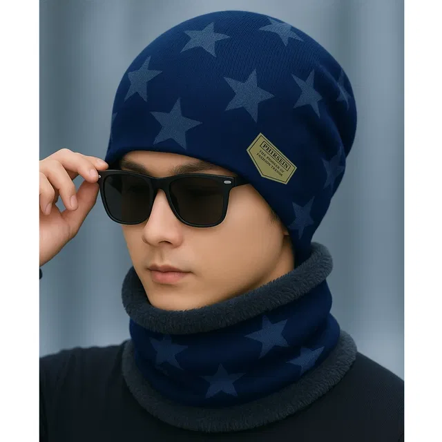 Woolen Fur Winter Cap with Neck Warmer for Men (Navy Blue & Grey, Free Size)