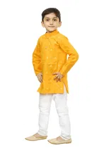 Cotton Blend Printed Kurta with Payjama for Boys, Yellow & White 