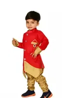 Cotton Blend Solid Kurta with Pyjama for Boys (Red & Gold, 0-6 Months)