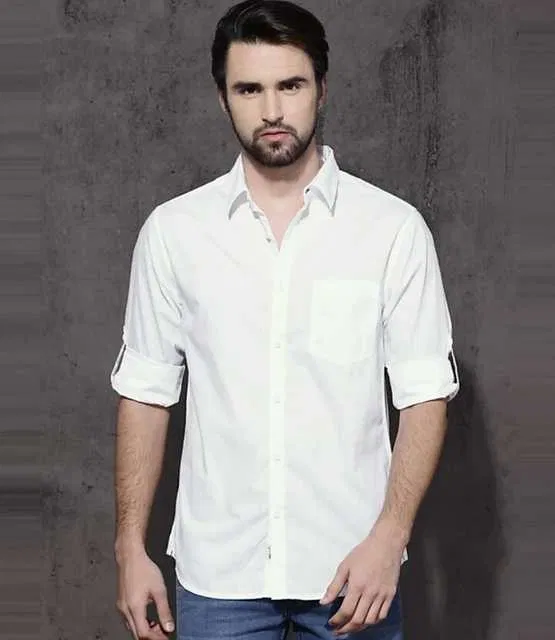 Casual Men's Solid Shirt (White, L) (DC-19)