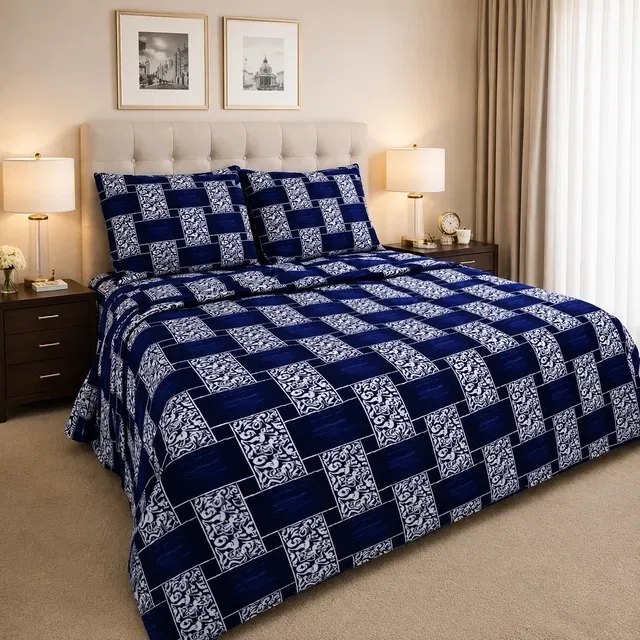 Microfibre Double Abstract Printed Bedsheet 88x90in Blue