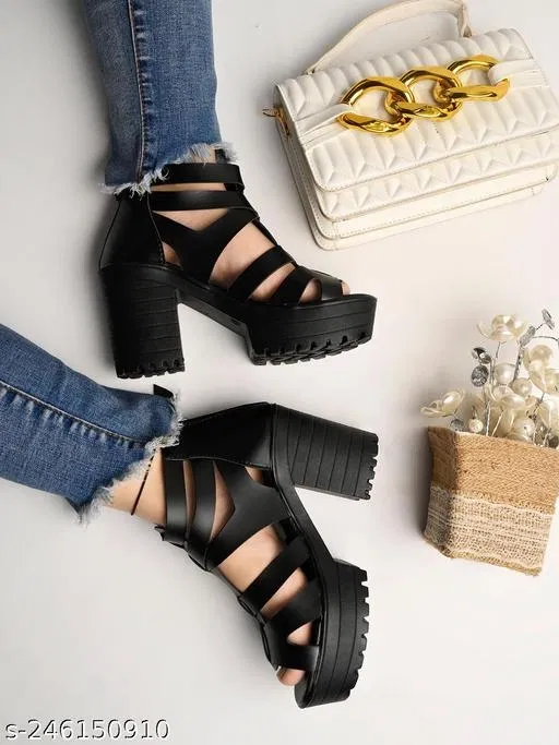 Open Toe Block Heel Sandals for Women (Black, IND-4)
