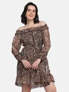 Georgette Printed Dress for Women (Dark Brown, S)