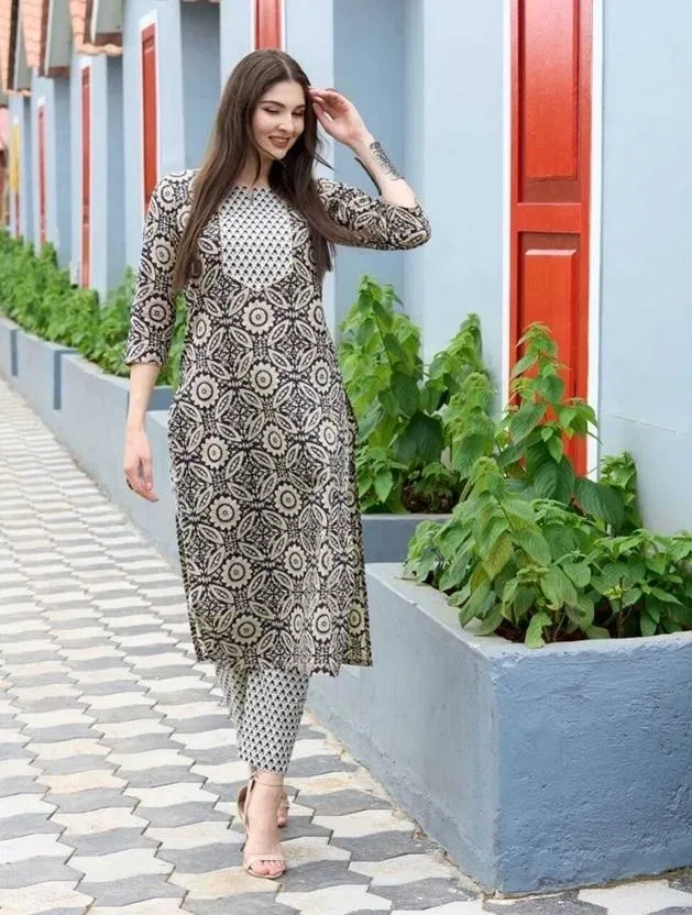 Cotton Printed Women's Kurta with Pant Set (Black, S)