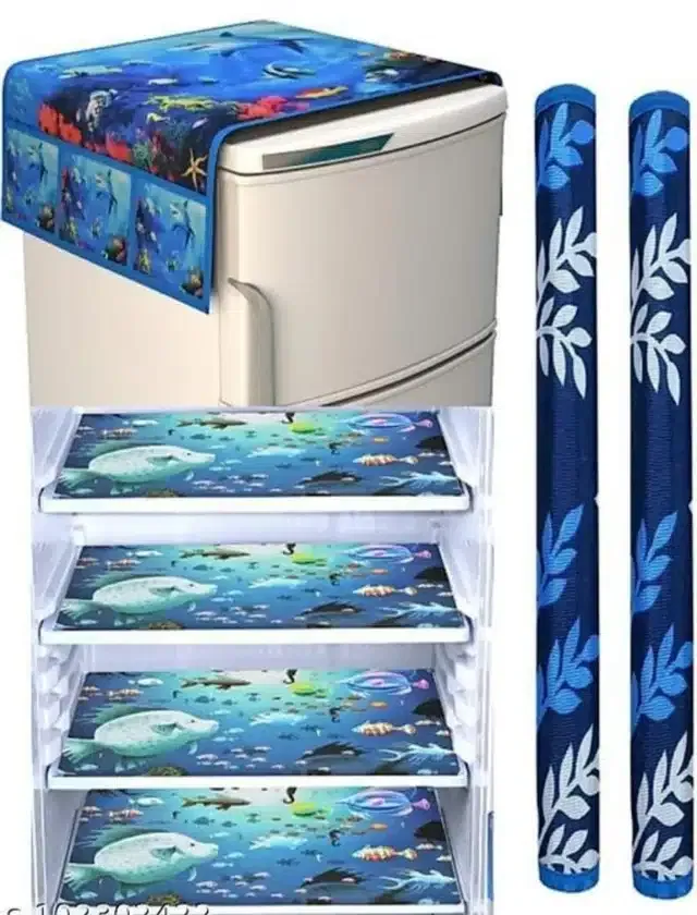 Knit Printed Fridge 4 Pcs Mat with 2 Pcs Handle & Top Cover (Multicolor, Set of 1)
