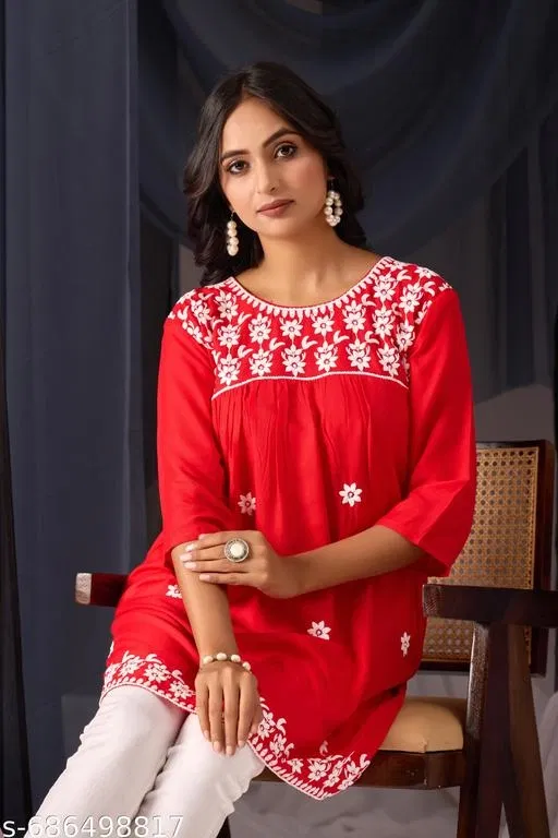 Chikankari Embroidered Floral Design Rayon Anarkali Short Kurti for Girls (Red, L)