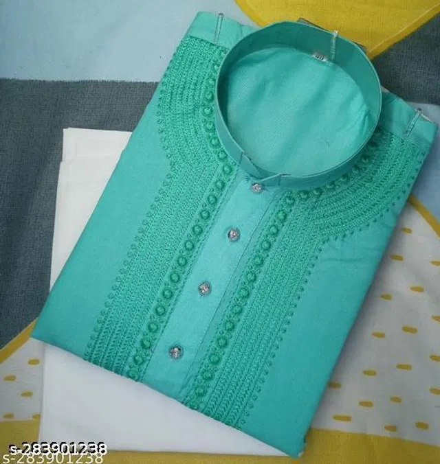 Cotton Embroidered Kurta with Pyjama for Men (Mint Green & White, M)