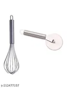 Stainless Steel Egg Beater with Pizza Cutter, Silver, Set of 2