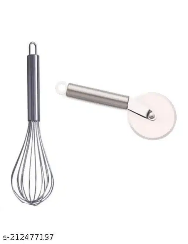 Stainless Steel Egg Beater with Pizza Cutter (Silver, Set of 2)
