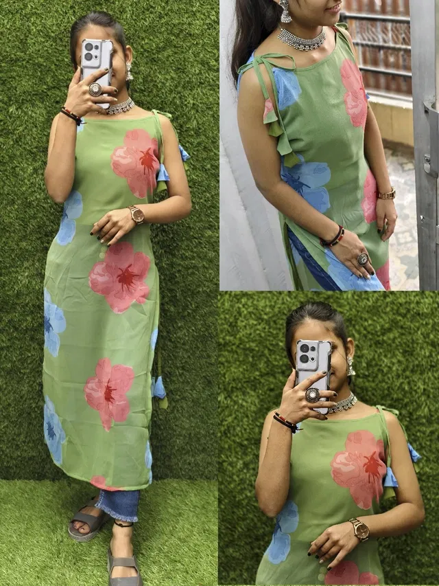 Floral Print Georgette Kurti for Women (Green, XL)