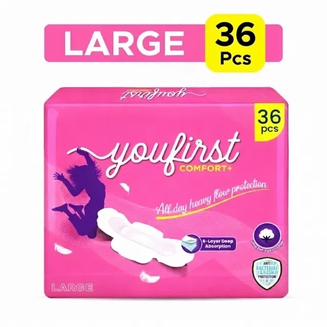 यूफर्स्ट स्ट्रैट कम्फर्ट+ सेनेटरी पैड्स लार्ज (36 PCS)