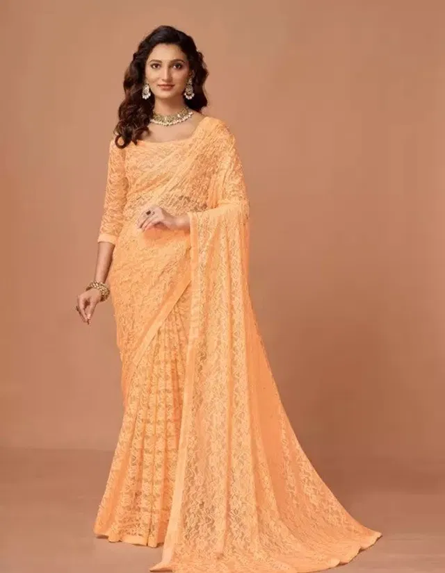 Net Solid Saree for Women (Yellow, 6.3 m)