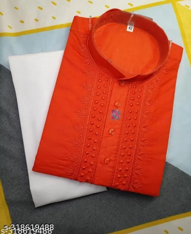 Cotton Embroidered Kurta with Pyjama for Men (Orange & White, M)