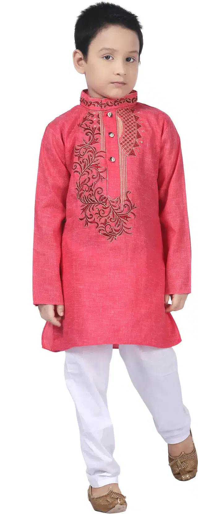 Cotton Embroidery Kurta & Pajama Set for Boys (Red & White, 3-4 Years)