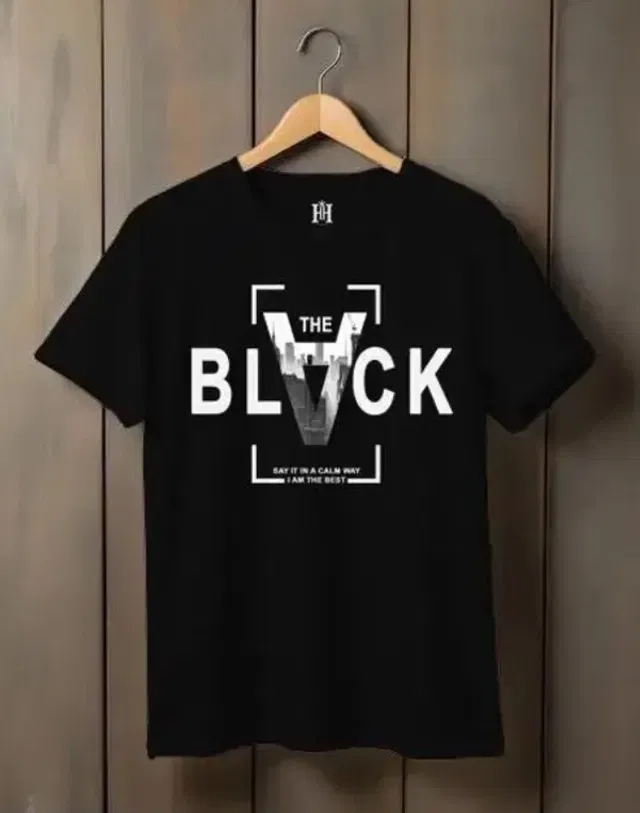Round Neck Printed T-Shirt for Men (Black, L)