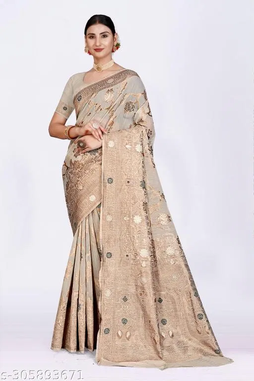 Linen Zari Woven Saree for Women (Beige, 6.3 m)