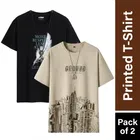 Round Neck Feather Printed T-Shirt for Men, Combo Pack of 2, Black & Beige, M