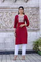 Cotton Embroidered Kurti for Women (Maroon, S)