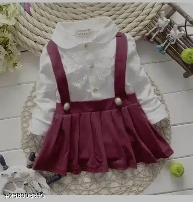 Crepe Full Sleeves Dress for Girls (White & Wine, 12-18 Months)