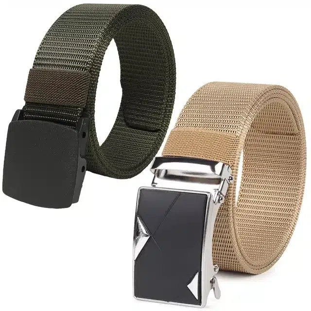 Casual Nylon Belts for Men (Green & Cream, Pack of 2)