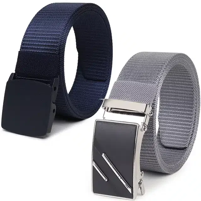 Casual Nylon Belts for Men (Blue & Grey, Pack of 2)